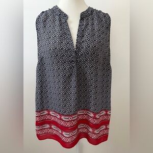 Olive & Oak Sleeveless Patterned Top with Red Accents Size L